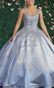 Dusty blue lace beaded quencenara pageant prom party formal ball gown
